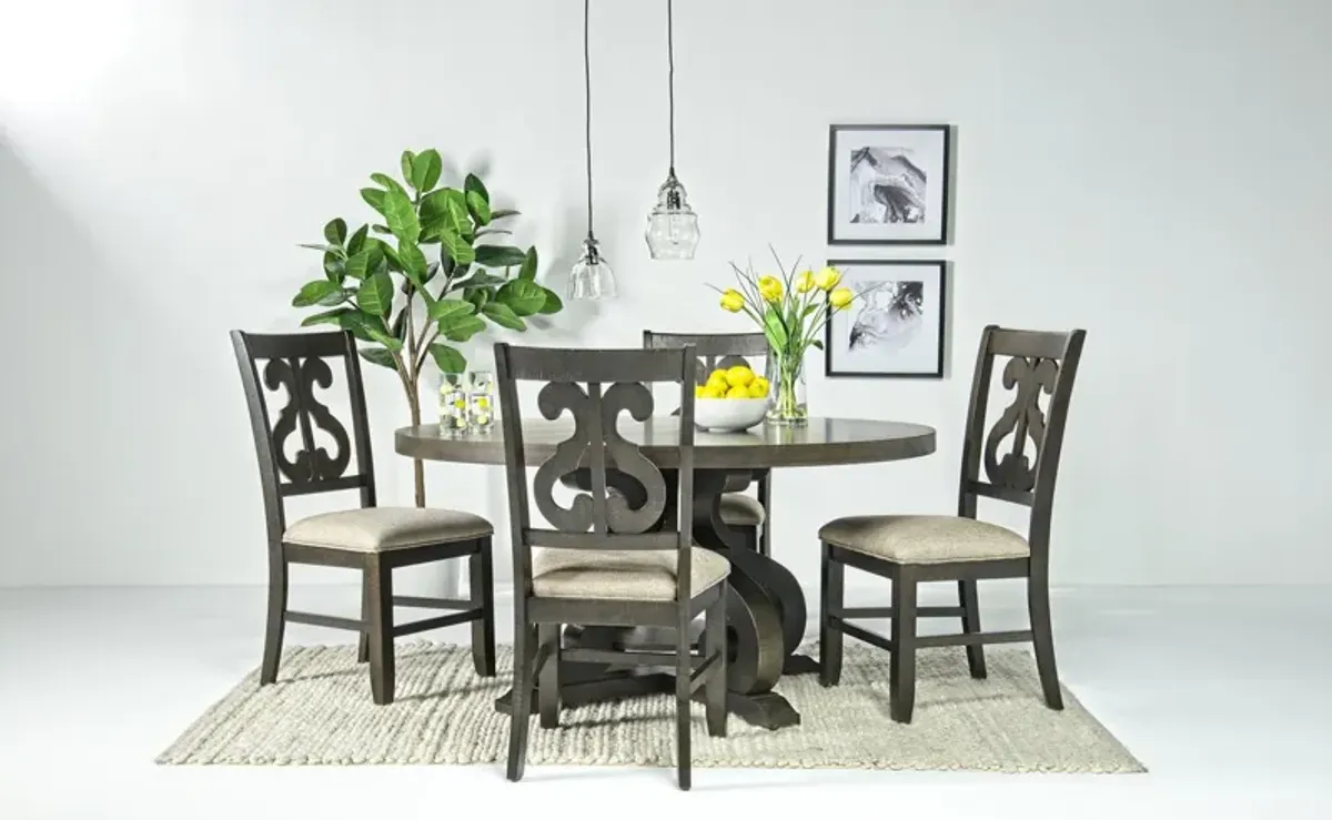 Stone Round Dining Table & 4 Chairs in Charcoal, Upholstered Harp