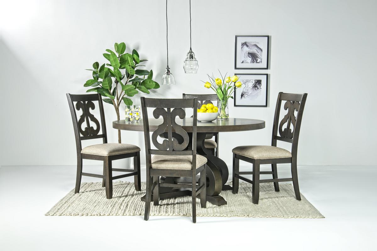 Stone Round Dining Table & 4 Chairs in Charcoal, Upholstered Harp