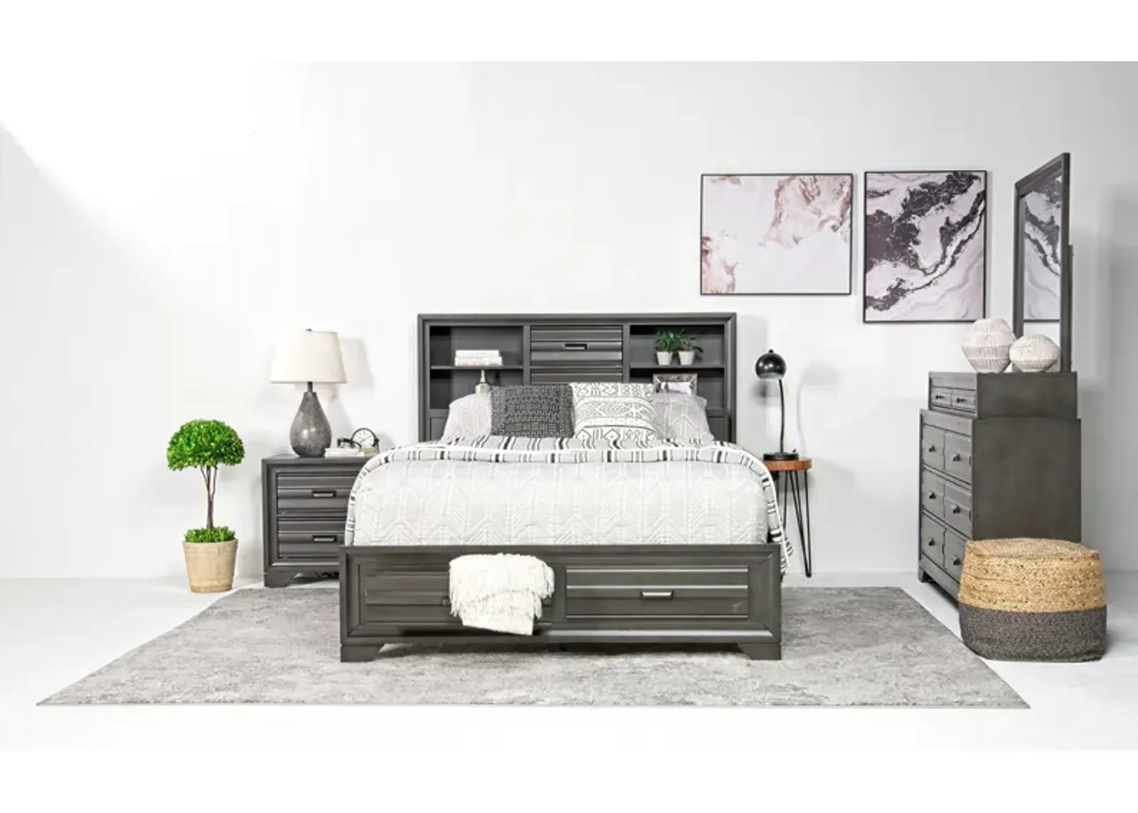 Andes Bookcase Bed w/ Storage, Dresser & Mirror in Charcoal, CA King