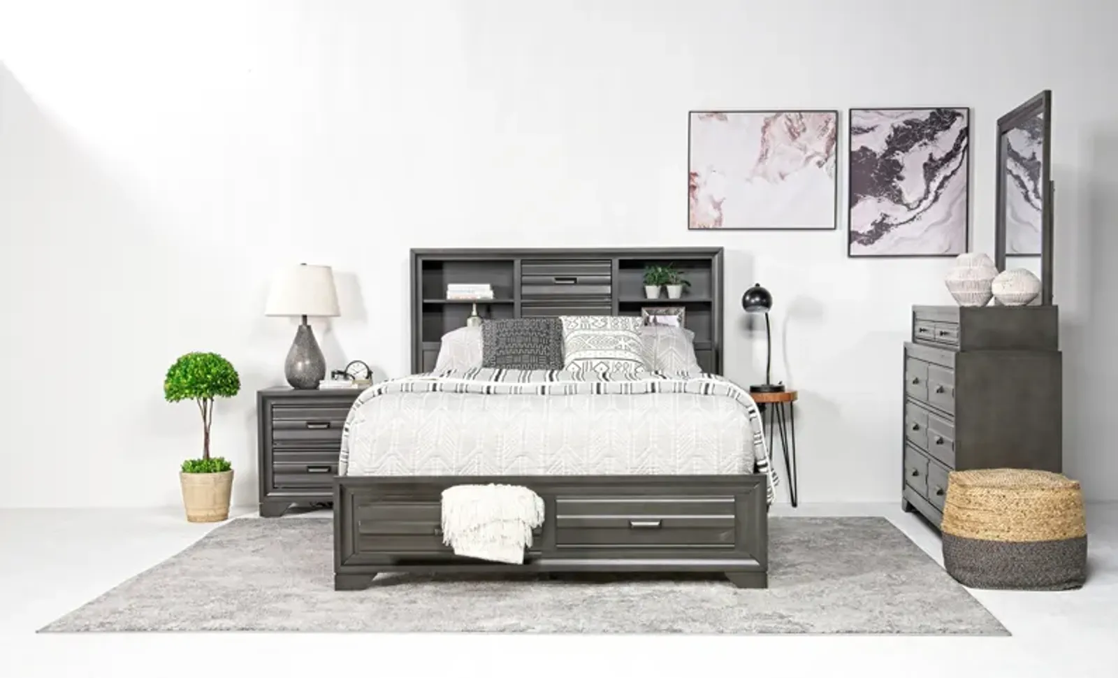 Andes Bookcase Bed w/ Storage, Dresser & Mirror in Charcoal, CA King