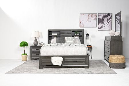 Andes Bookcase Bed w/ Storage, Dresser & Mirror in Charcoal, CA King