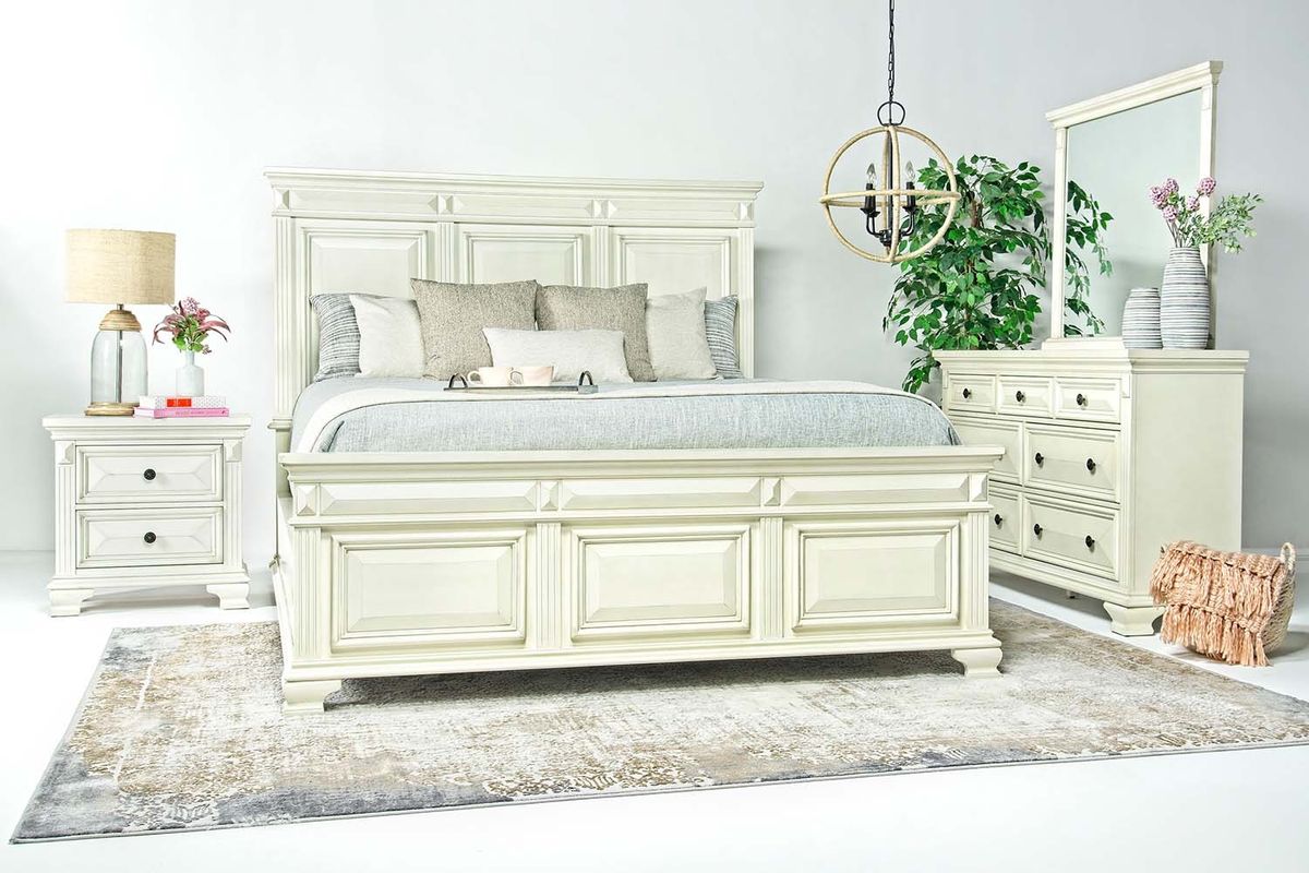 Calloway Panel Bed, Dresser & Mirror in White, Eastern King