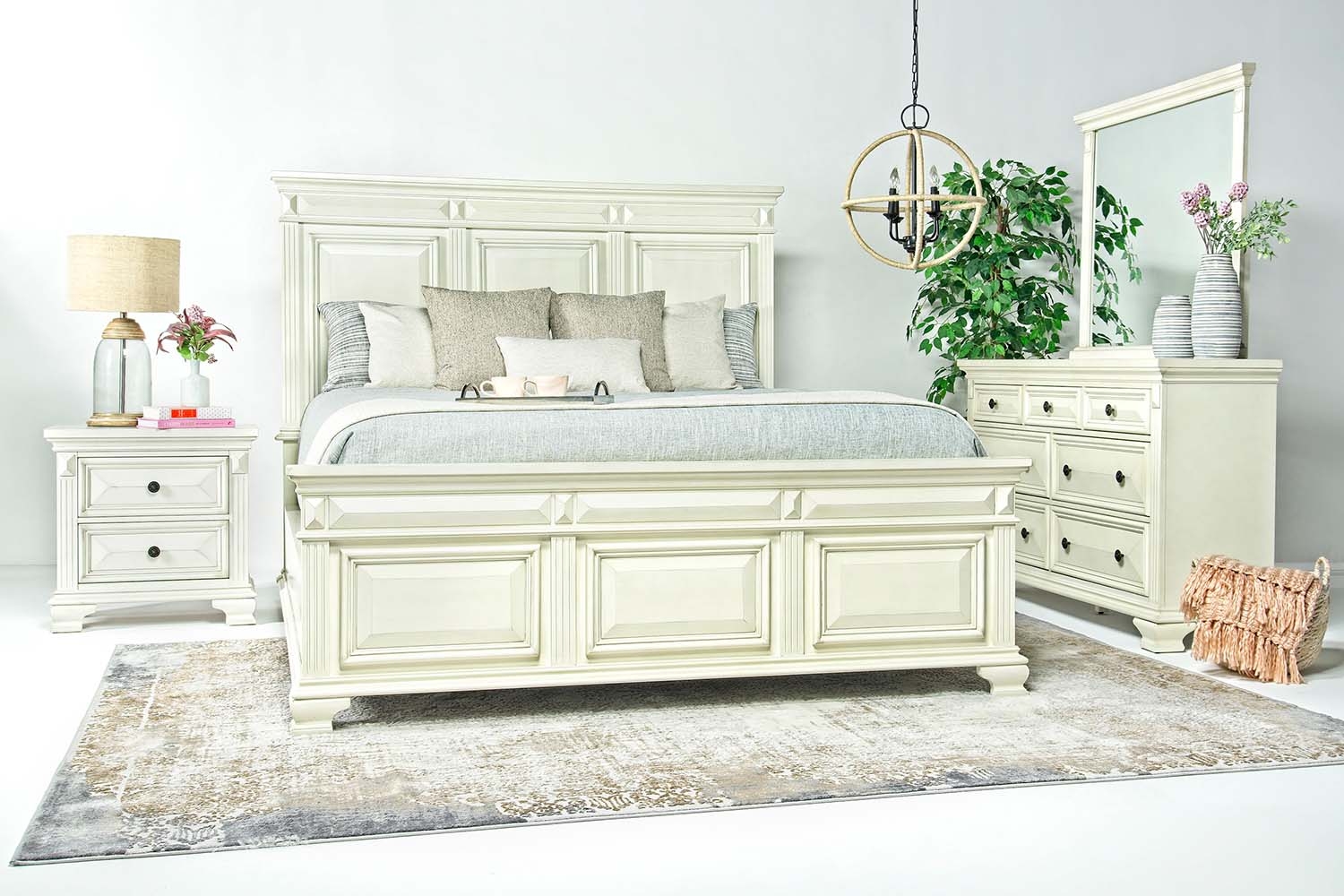 Calloway Panel Bed, Dresser & Mirror in White, Eastern King