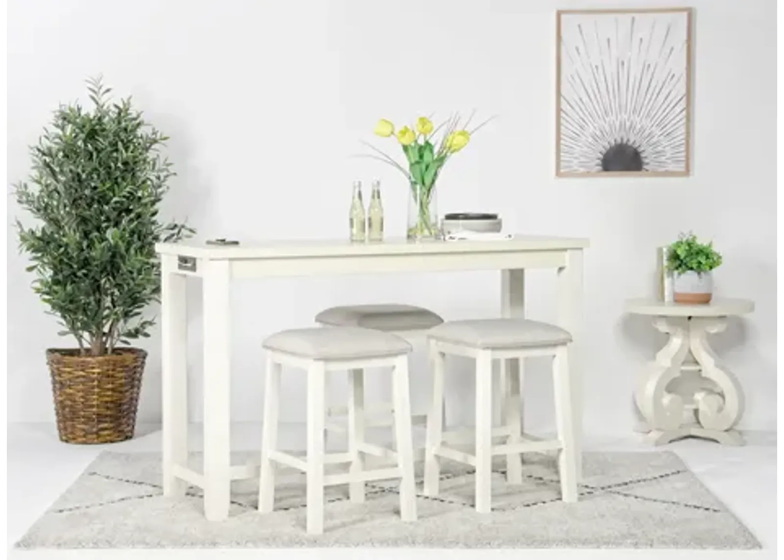 Stone Sofa Bar Table w/ Stools in White