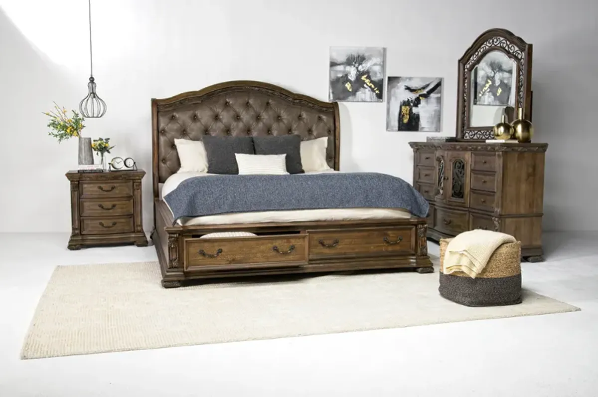 Durango Upholstered Sleigh Bed w/ Storage, Dresser & Mirror in Willadeene, Eastern King