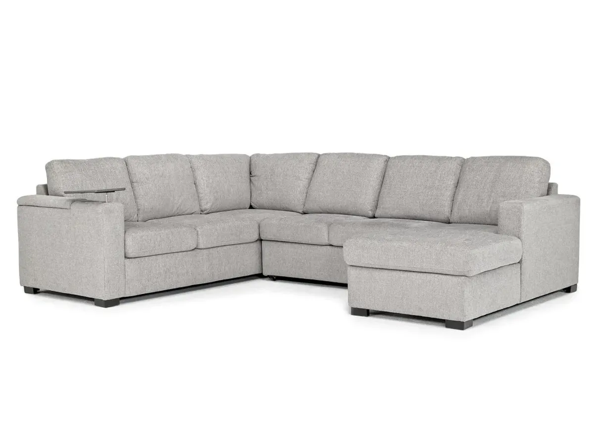 Luigi Full Pullout Tux Chaise Sectional w/ USB Charger in Gray, Right Facing