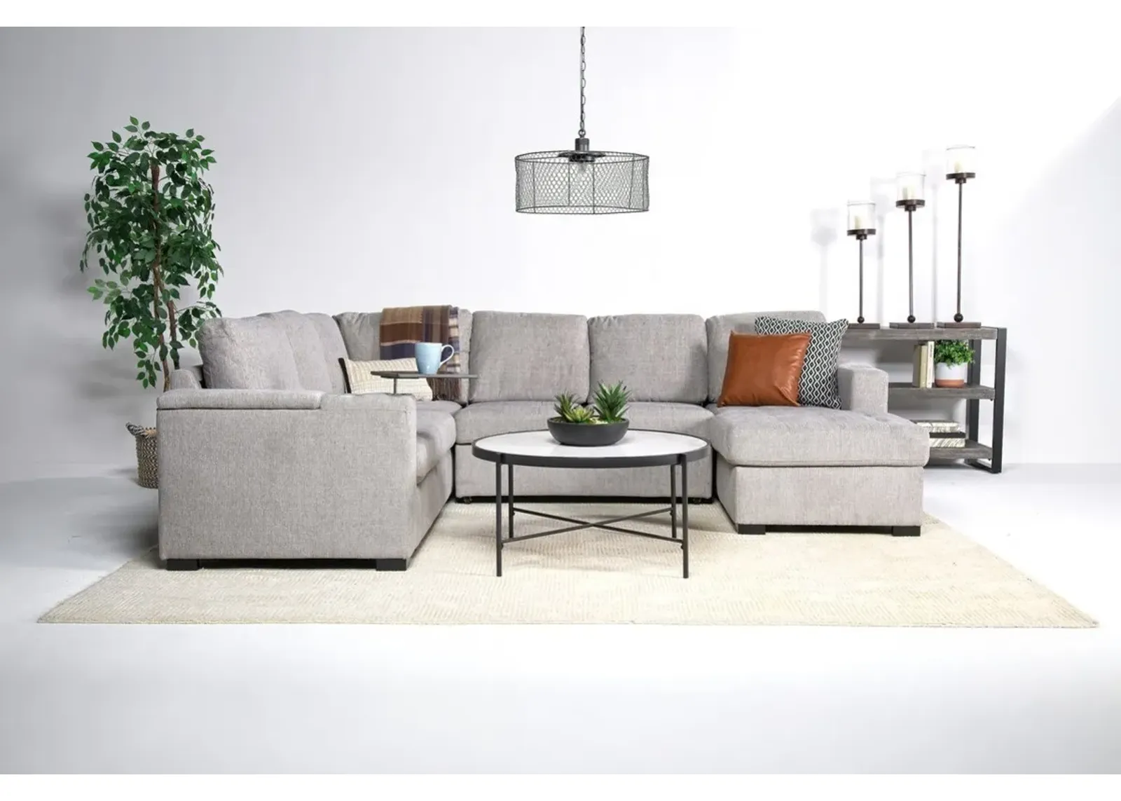 Luigi Full Pullout Tux Chaise Sectional w/ USB Charger in Gray, Right Facing