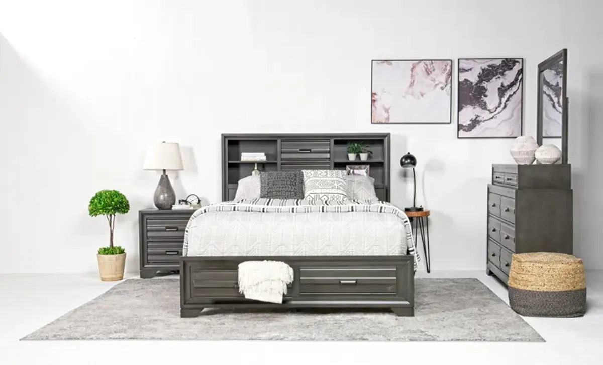 Andes Bookcase Bed w/ Storage, Dresser & Mirror in Charcoal, Queen