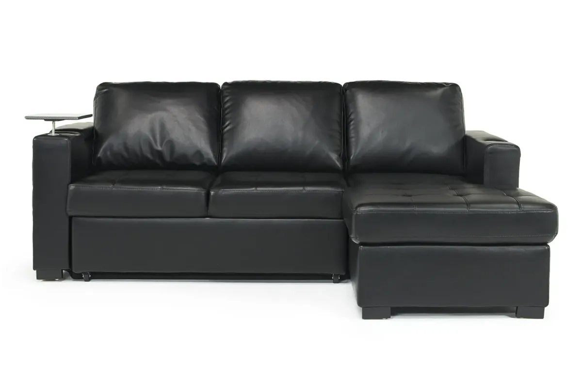 Luigi Full Pullout Sofa Chaise in Black, Right Facing