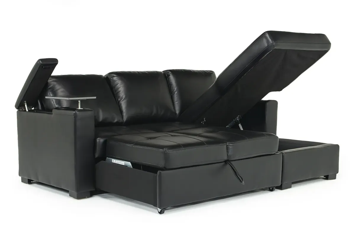 Luigi Full Pullout Sofa Chaise in Black, Right Facing