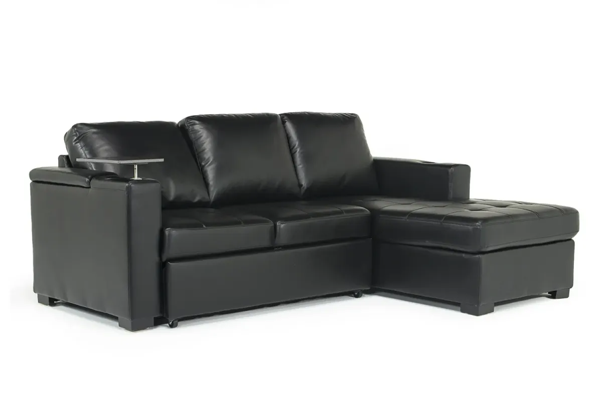 Luigi Full Pullout Sofa Chaise in Black, Right Facing