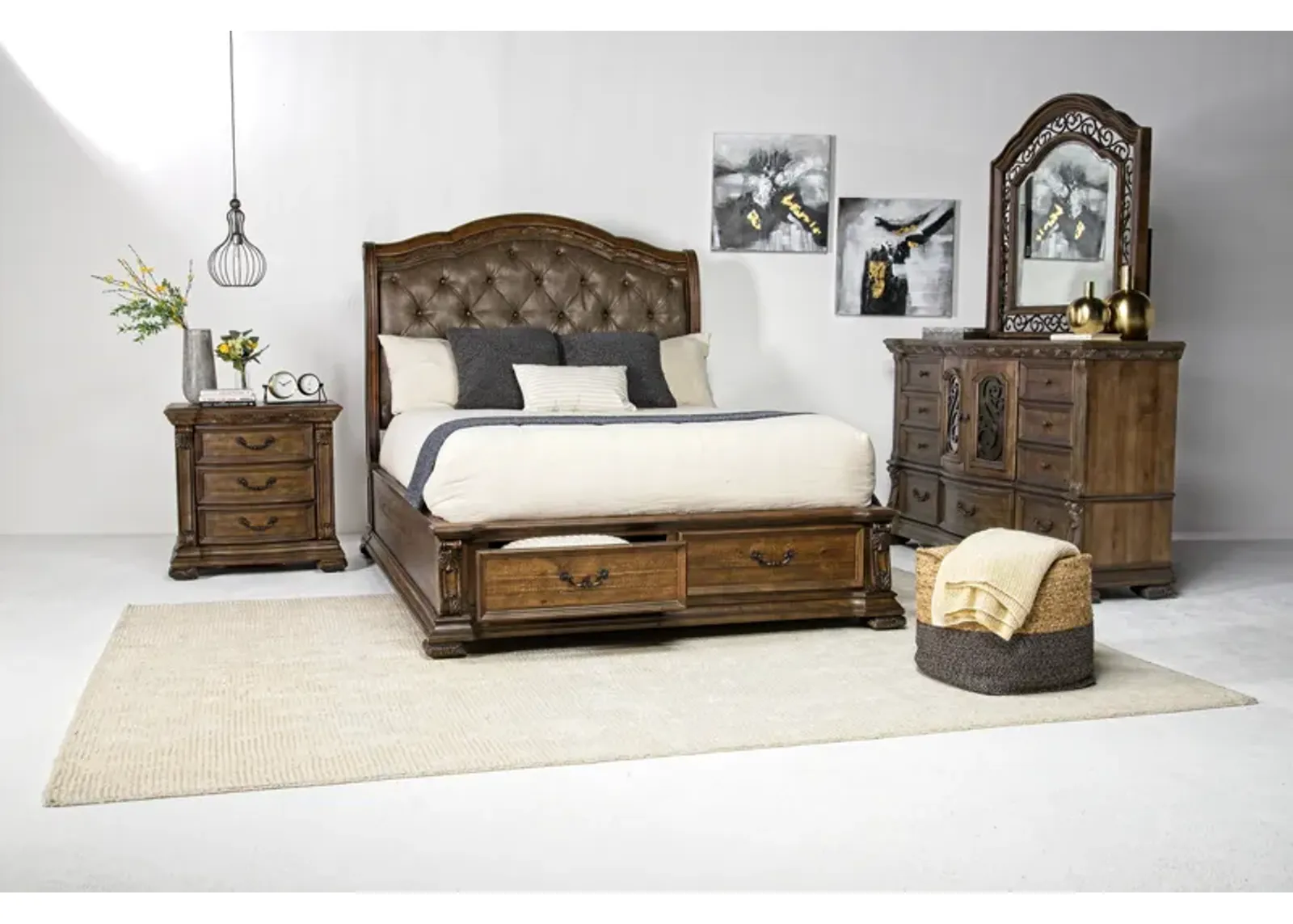 Durango Upholstered Sleigh Bed w/ Storage, Dresser & Mirror in Willadeene, Queen