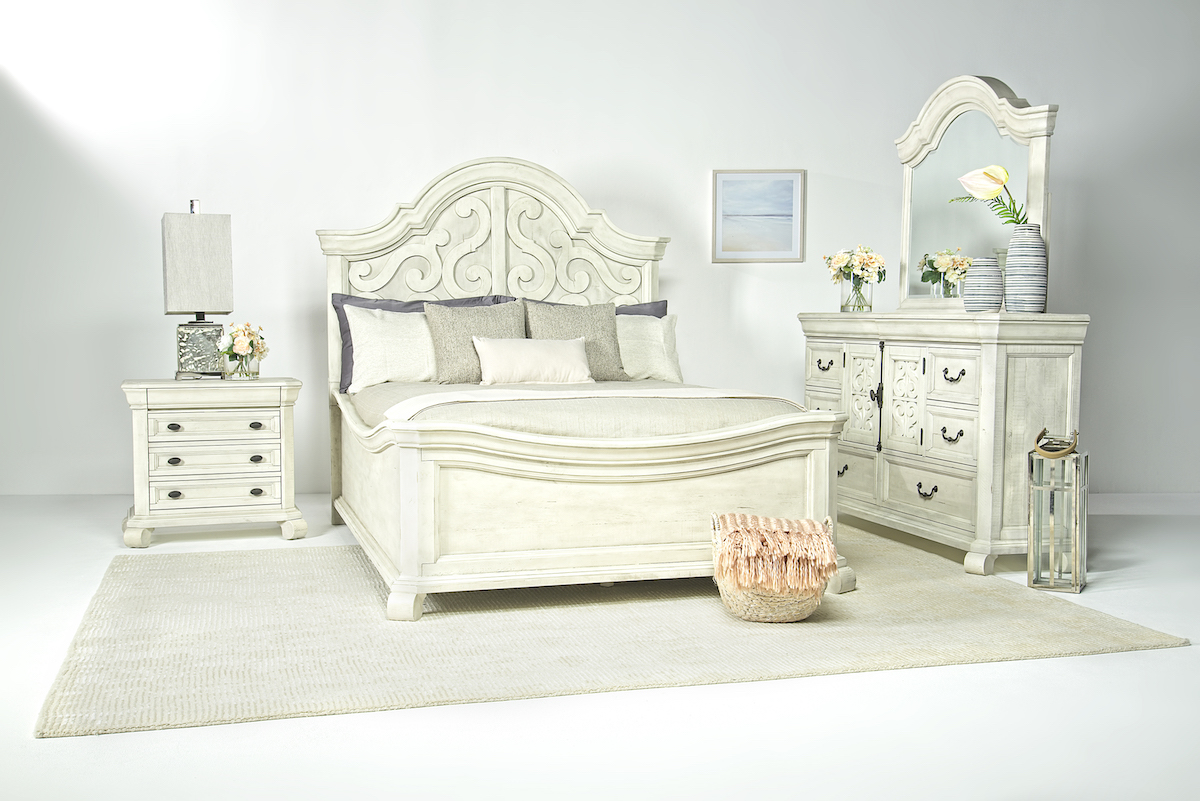 Bellamy Arch Panel Bed, Dresser & Mirror in White, Eastern King