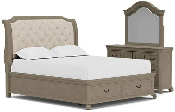 Bellamy Sleigh Bed w/ Storage, Dresser & Mirror in Light Gray, Queen
