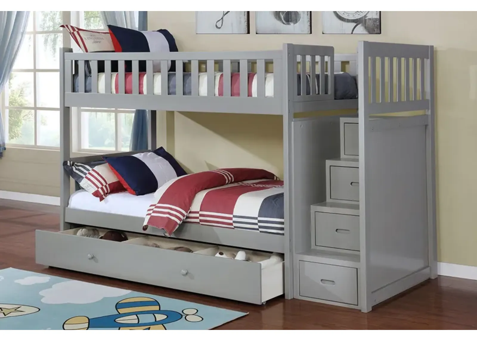 Harlow Bunk Bed w/ Storage Trundle in Gray, Twin/Twin