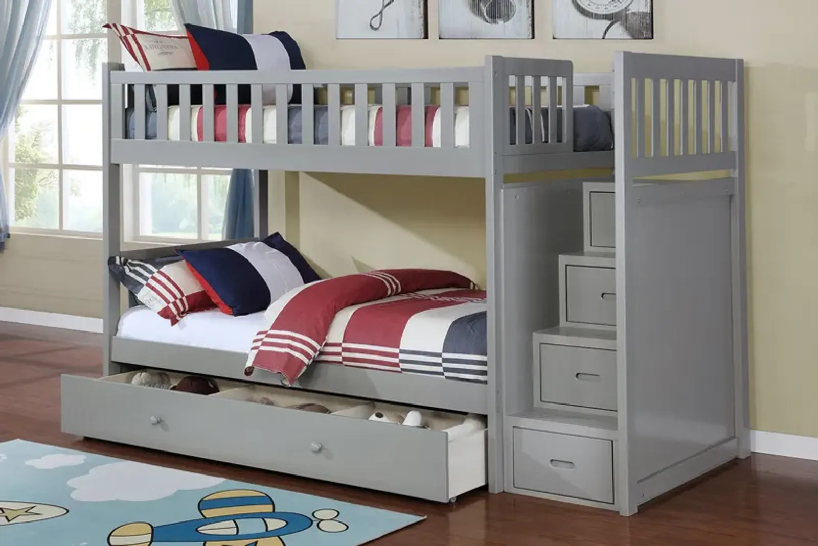 Harlow Bunk Bed w/ Storage Trundle in Gray, Twin/Twin