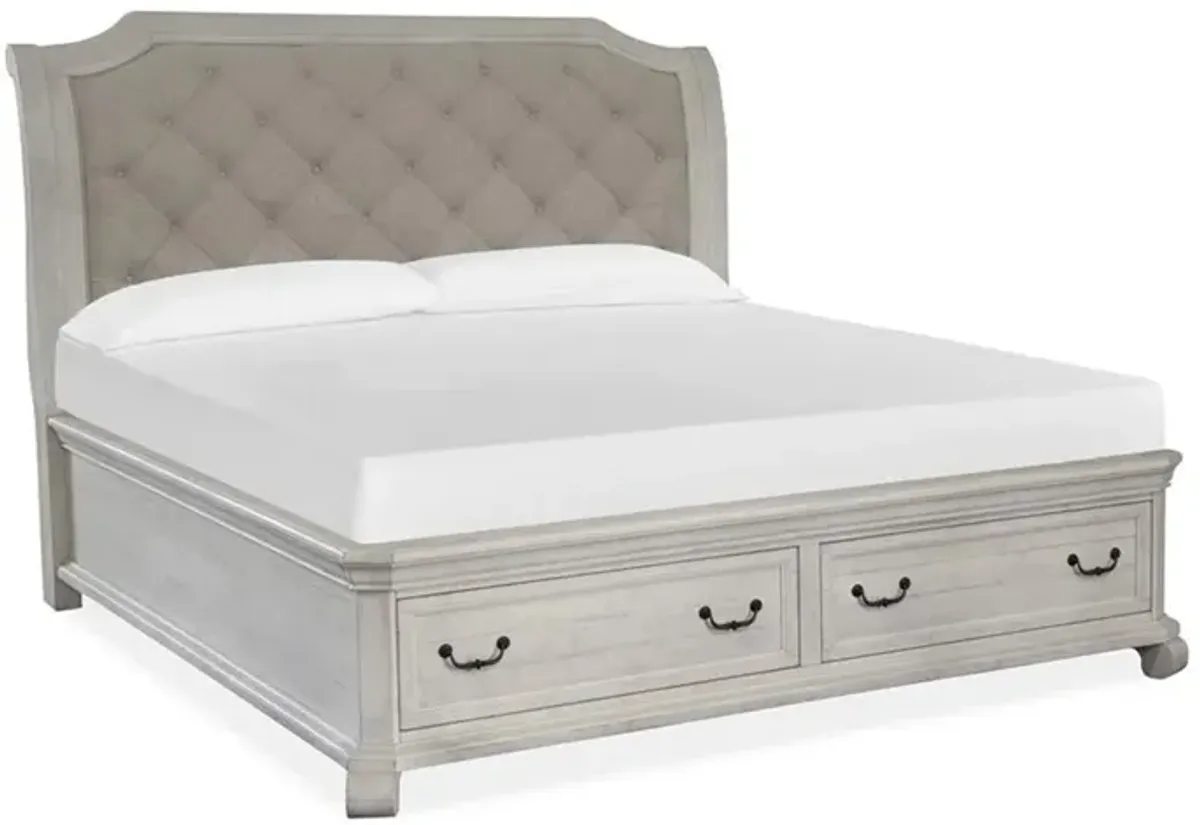 Bellamy Sleigh Bed w/ Storage, Dresser & Mirror in White, Queen