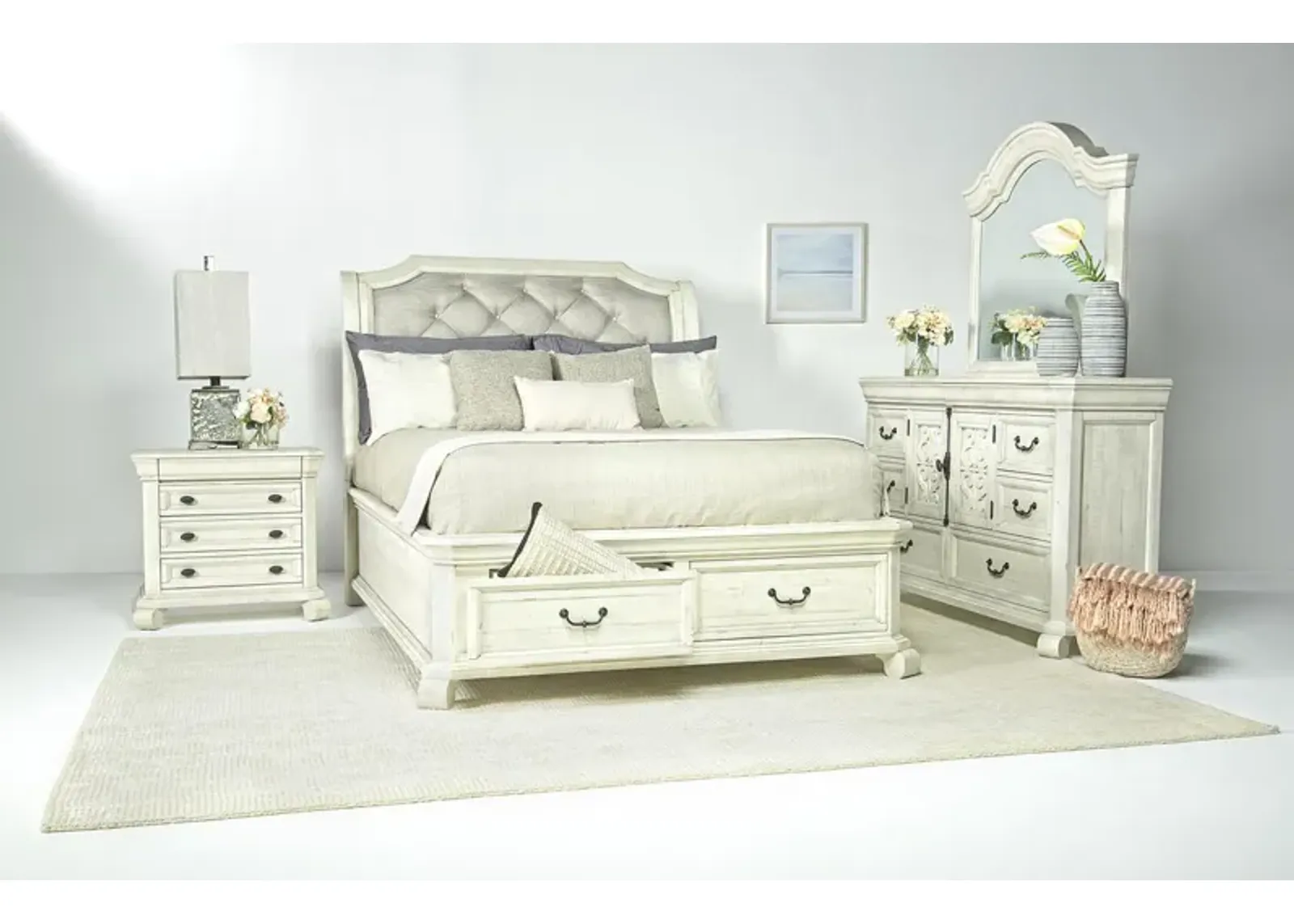 Bellamy Sleigh Bed w/ Storage, Dresser & Mirror in White, Queen