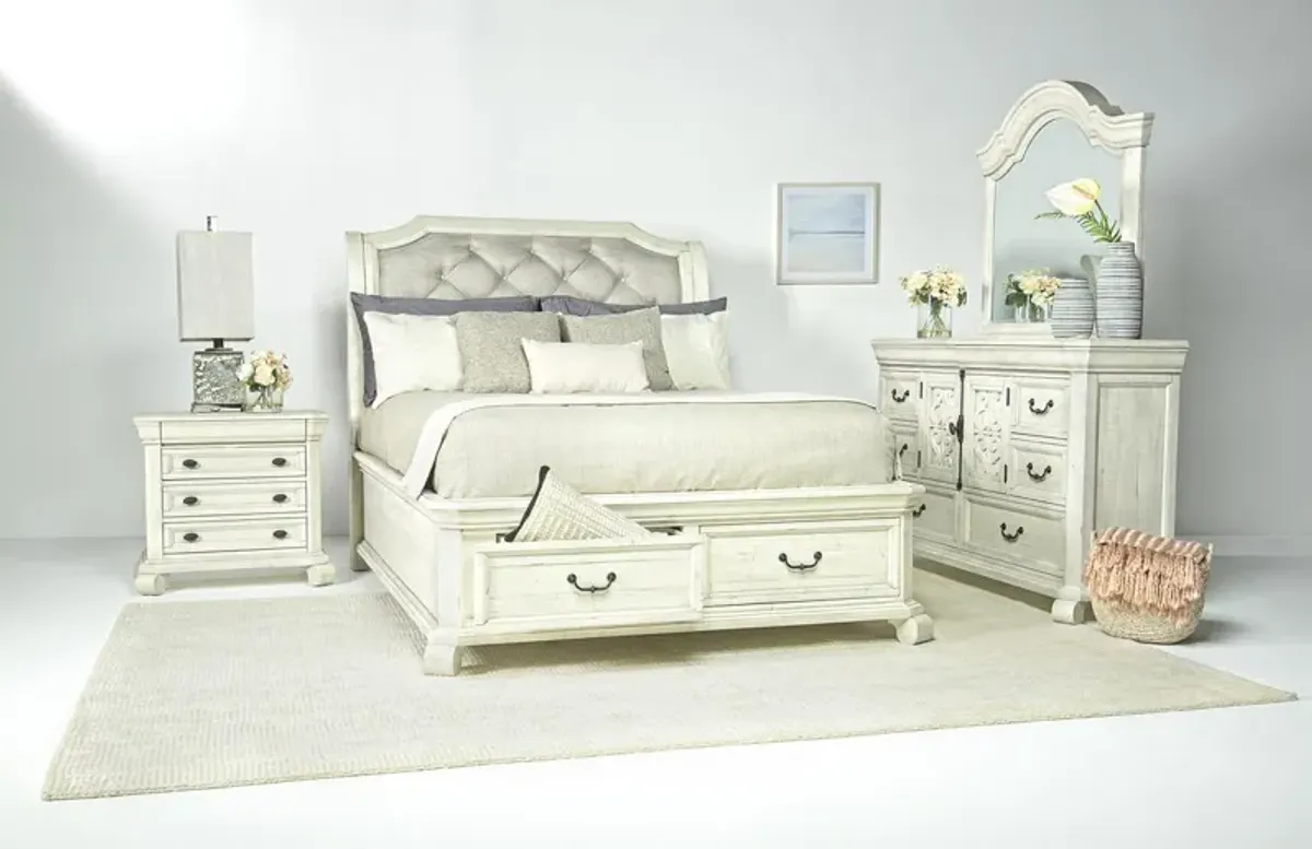 Bellamy Sleigh Bed w/ Storage, Dresser & Mirror in White, Queen