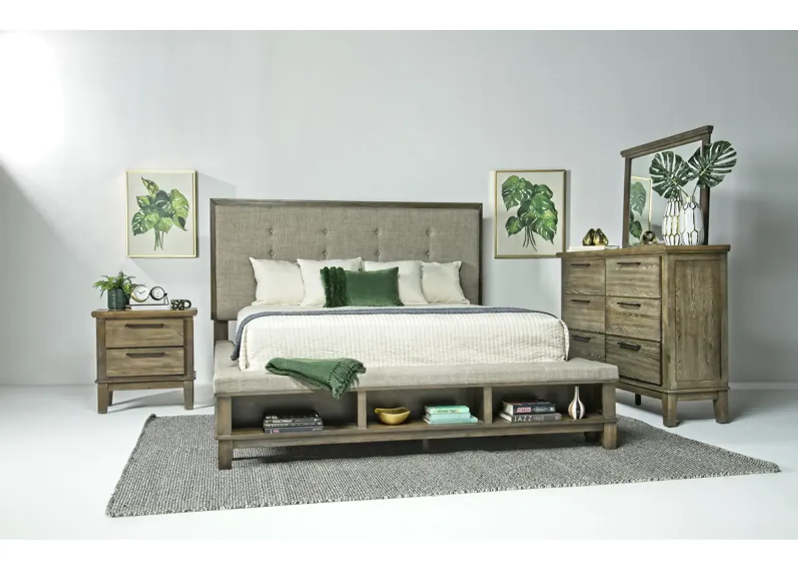 Cagney Upholstered Panel Bed w/ Storage, Dresser & Mirror in Gray, Eastern King