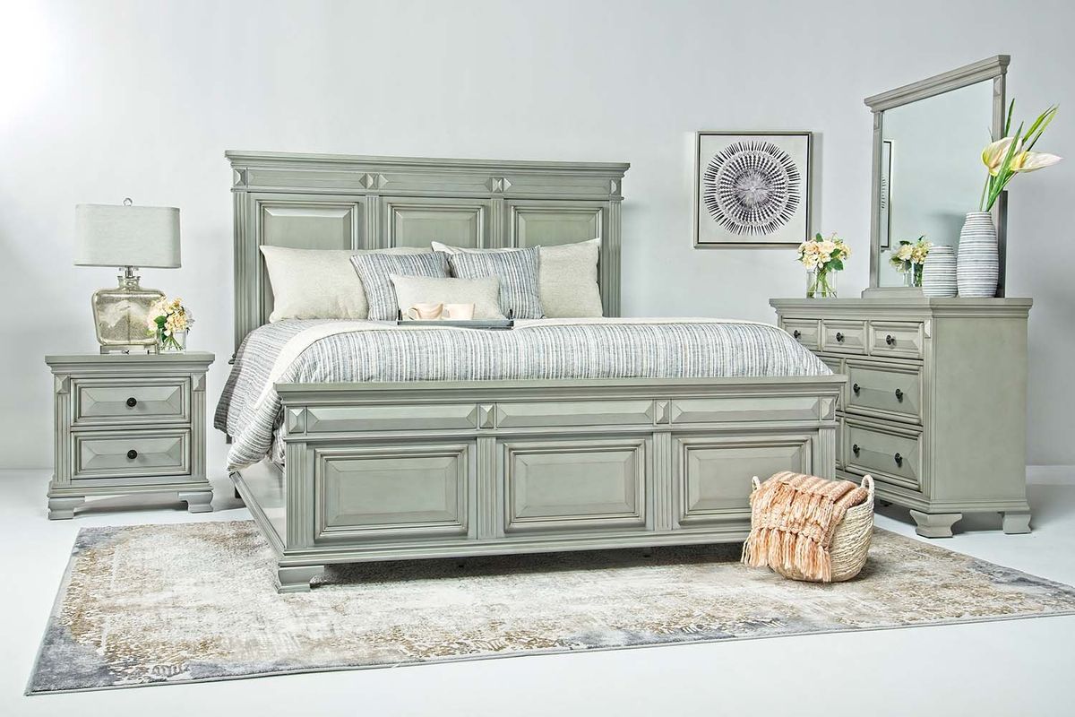 Calloway Panel Bed, Dresser, Mirror & Nightstand in Gray, Eastern King