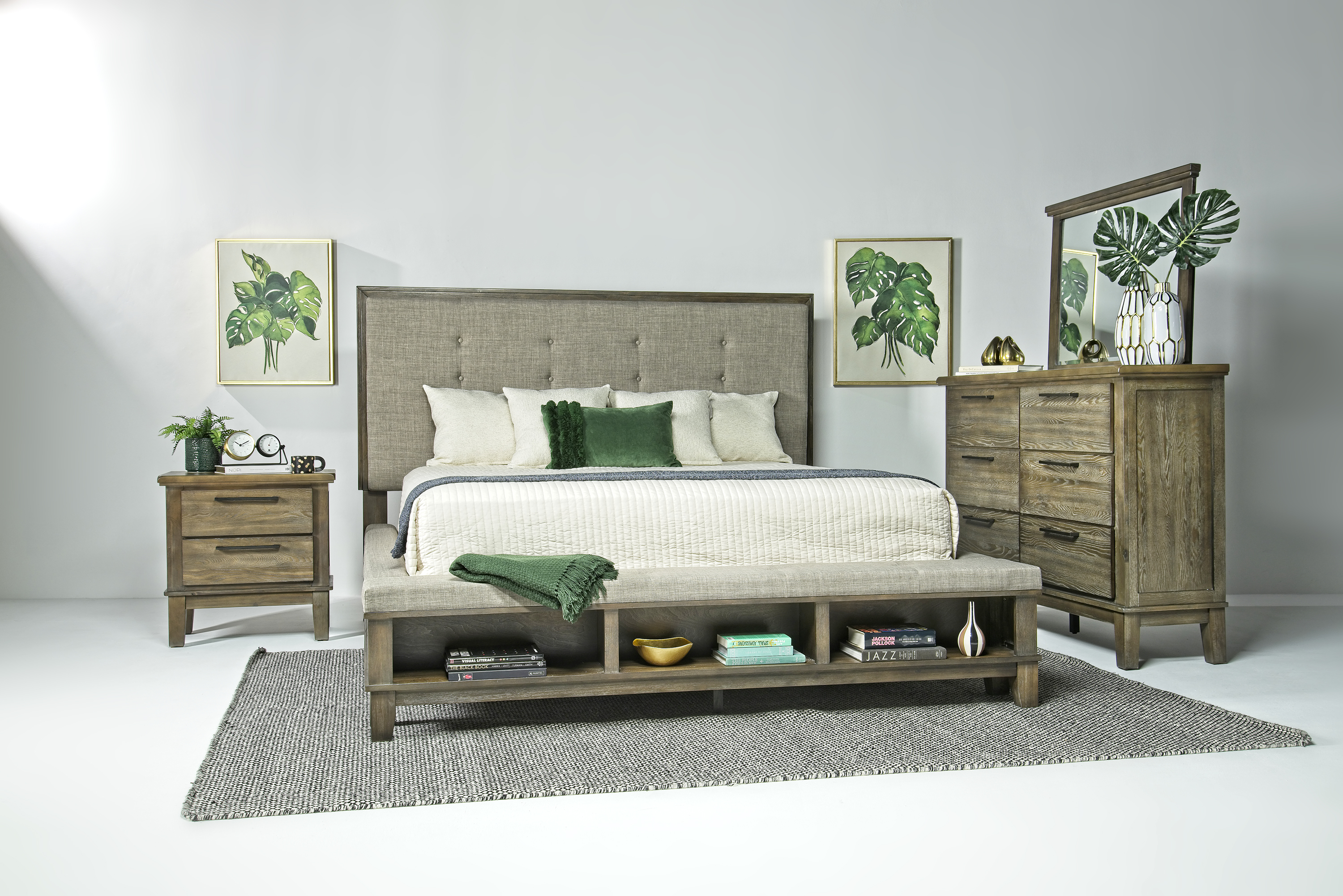 Cagney Upholstered Panel Bed w/ Storage, Dresser & Mirror in Gray, Queen