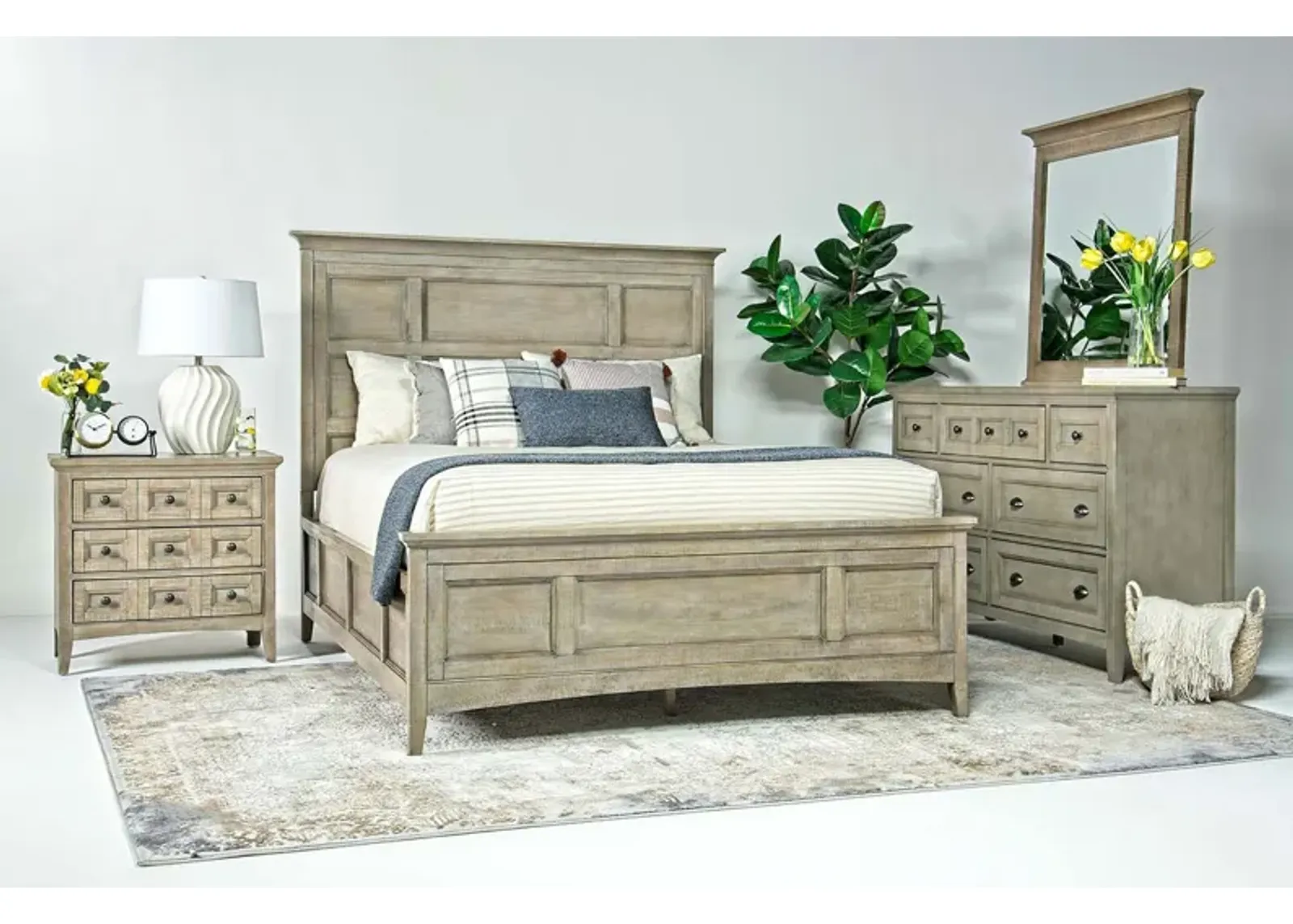 Bay Creek Panel Bed, Dresser, Mirror & Nightstand in Light Gray, Queen