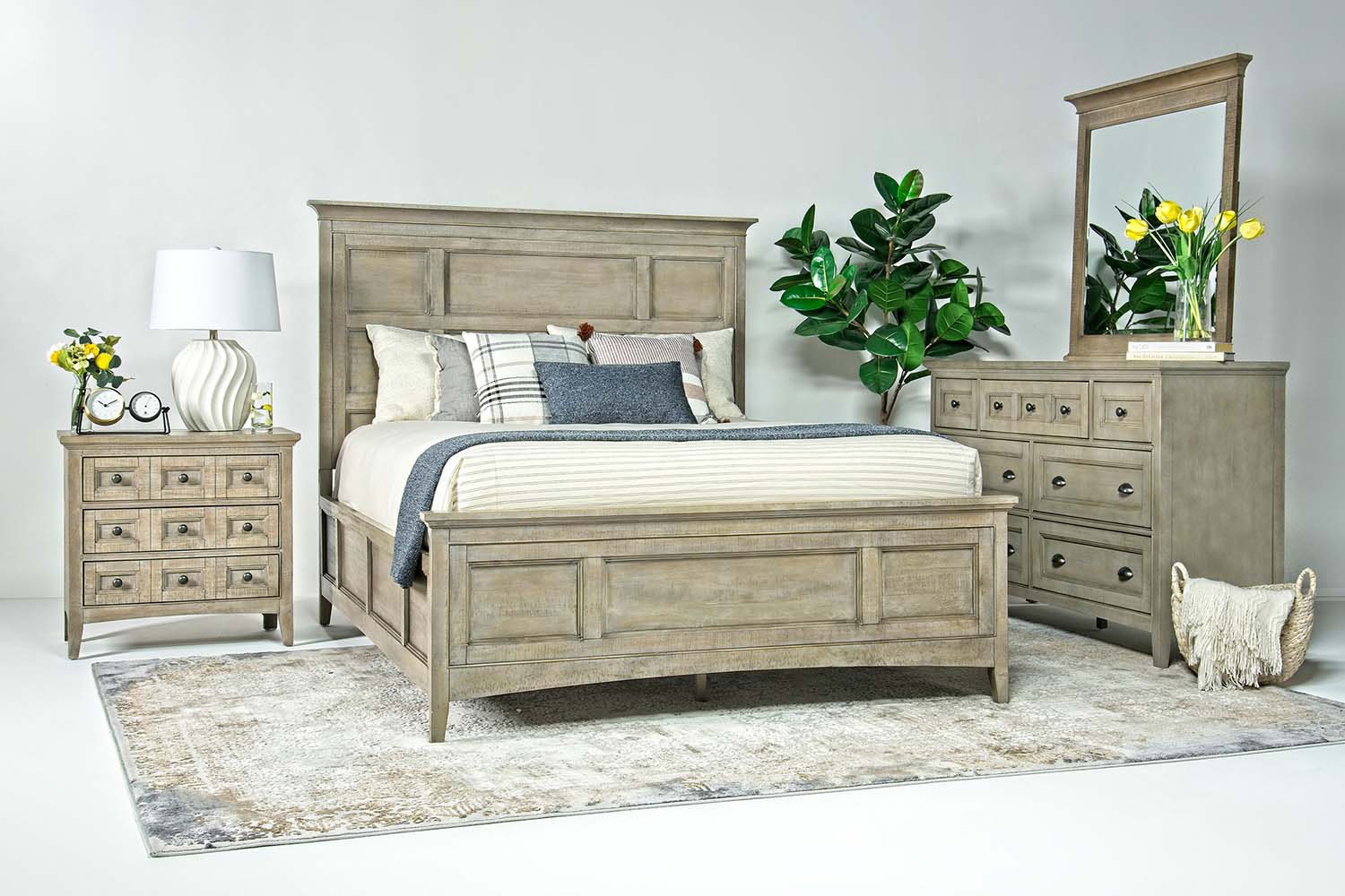 Bay Creek Panel Bed, Dresser, Mirror & Nightstand in Light Gray, Queen