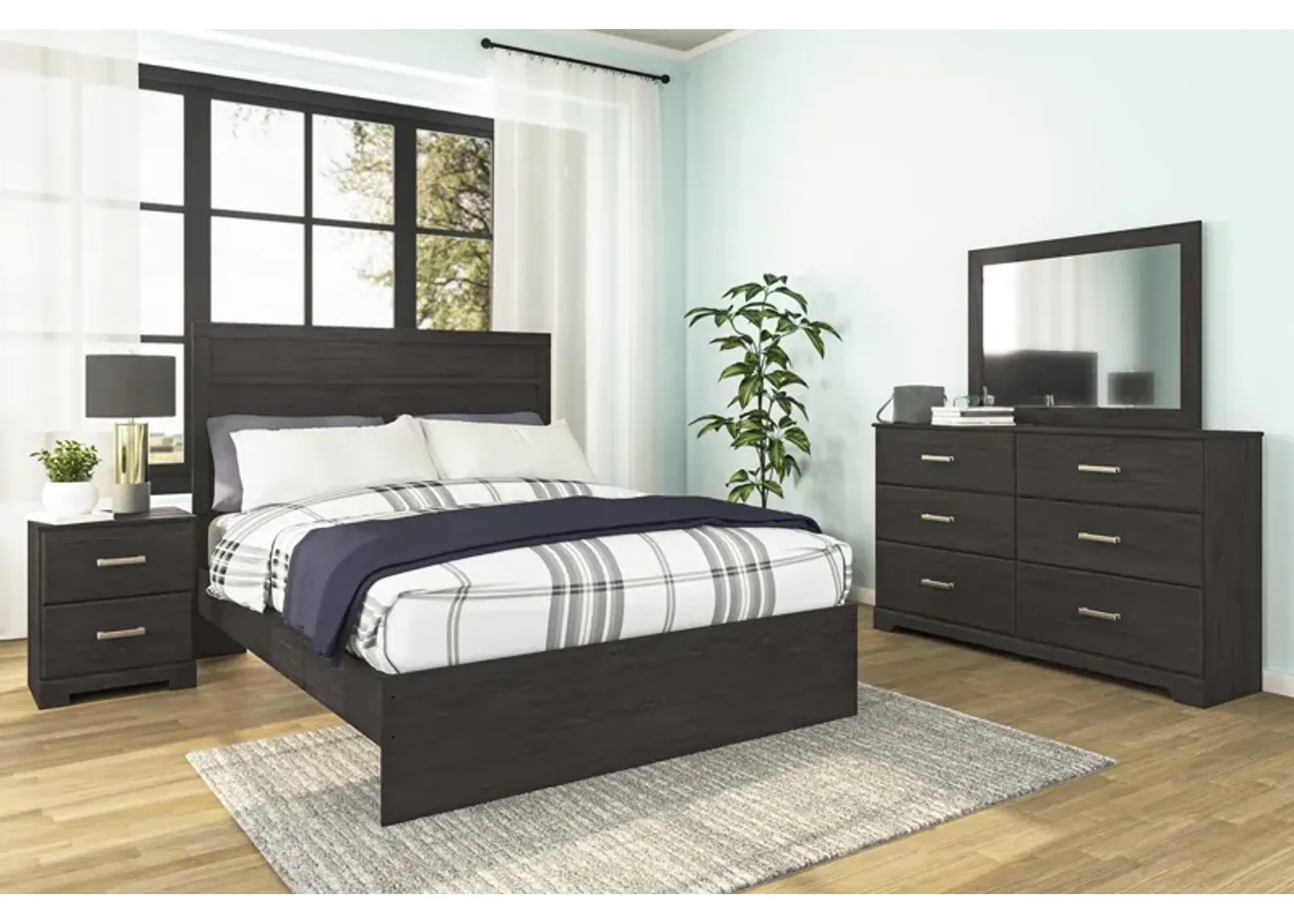 Stelsie Panel Bed, Dresser, Mirror & Nightstand in Charcoal, Queen