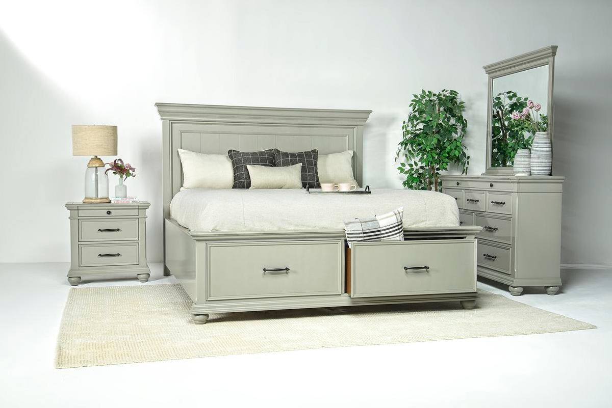 Slater Panel Bed w/ Storage, Dresser, Mirror & Nightstand in Gray, Queen