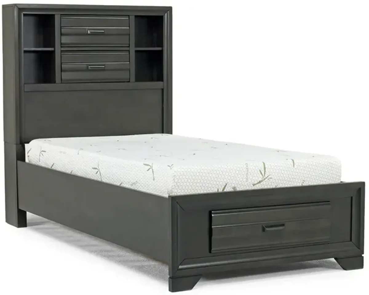 Andes Bookcase Bed w/ Storage, Dresser & Mirror in Charcoal, Twin