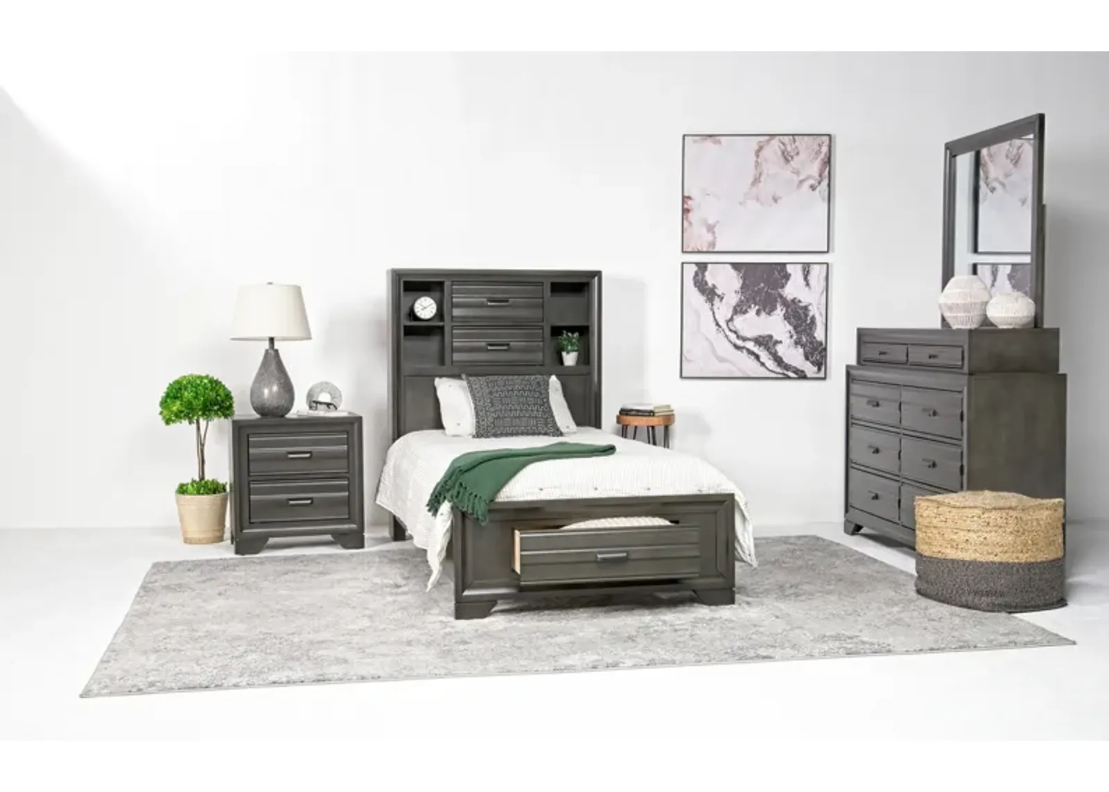 Andes Bookcase Bed w/ Storage, Dresser & Mirror in Charcoal, Twin