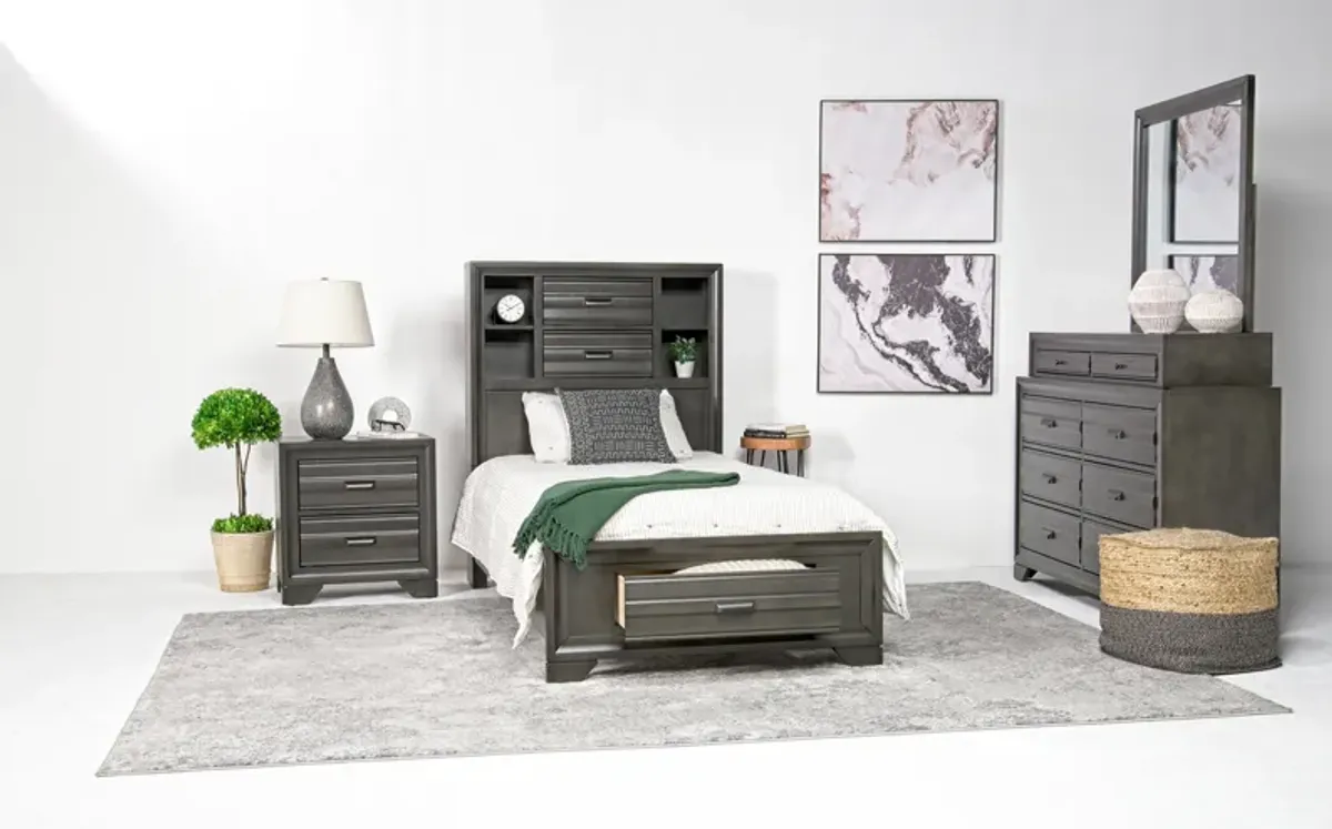 Andes Bookcase Bed w/ Storage, Dresser & Mirror in Charcoal, Twin