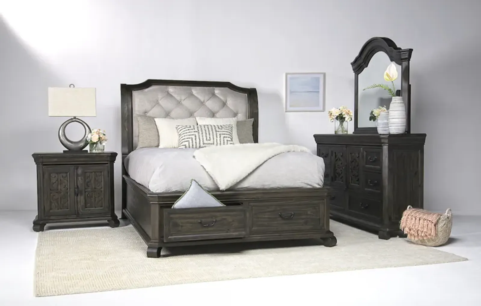 Bellamy Sleigh Bed w/ Storage, Dresser & Mirror in Charcoal, Queen