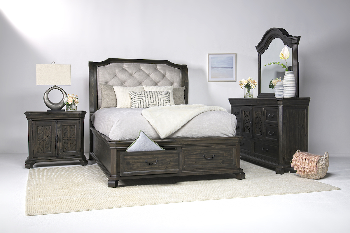 Bellamy Sleigh Bed w/ Storage, Dresser & Mirror in Charcoal, Queen