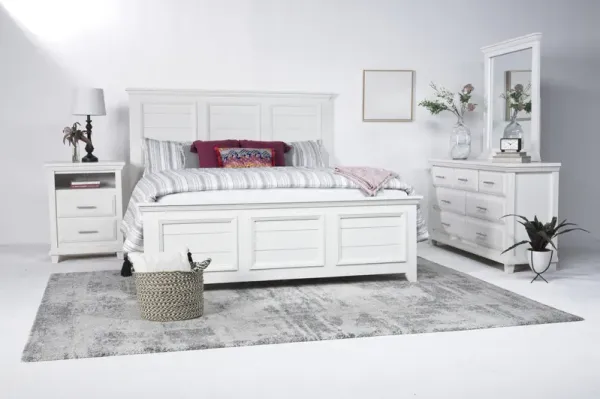 Bella Panel Bed, Dresser, Mirror & Bookshelf Nightstand in White, Eastern King