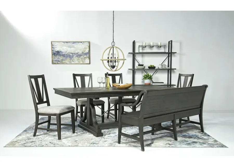 Bay Creek Extendable Dining Table, 4 V-Back Chairs & High Back Bench in Graphite