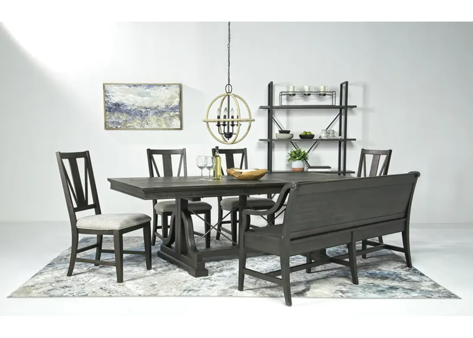 Bay Creek Extendable Dining Table, 4 V-Back Chairs & High Back Bench in Graphite