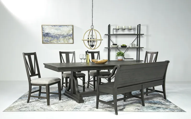 Bay Creek Extendable Dining Table, 4 V-Back Chairs & High Back Bench in Graphite