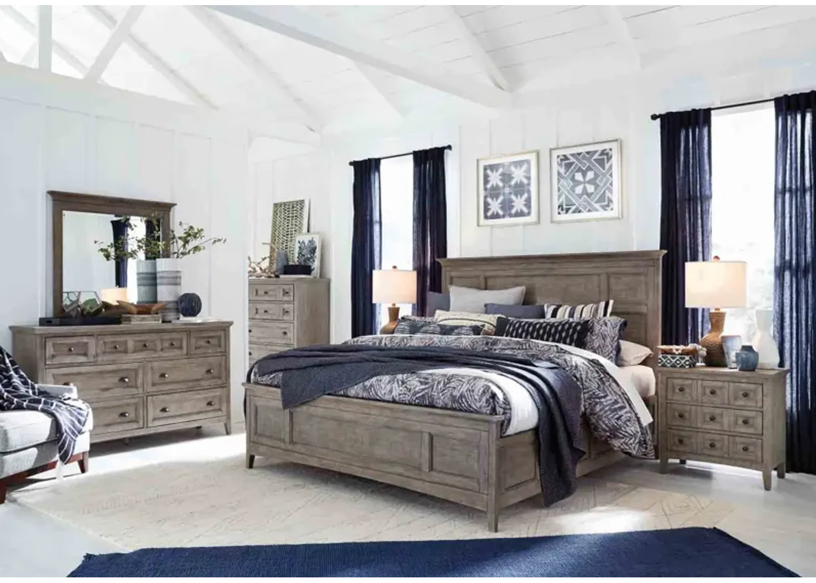 Bay Creek Panel Bed w/ Storage, Dresser, Mirror & Nightstand in Light Gray, Queen