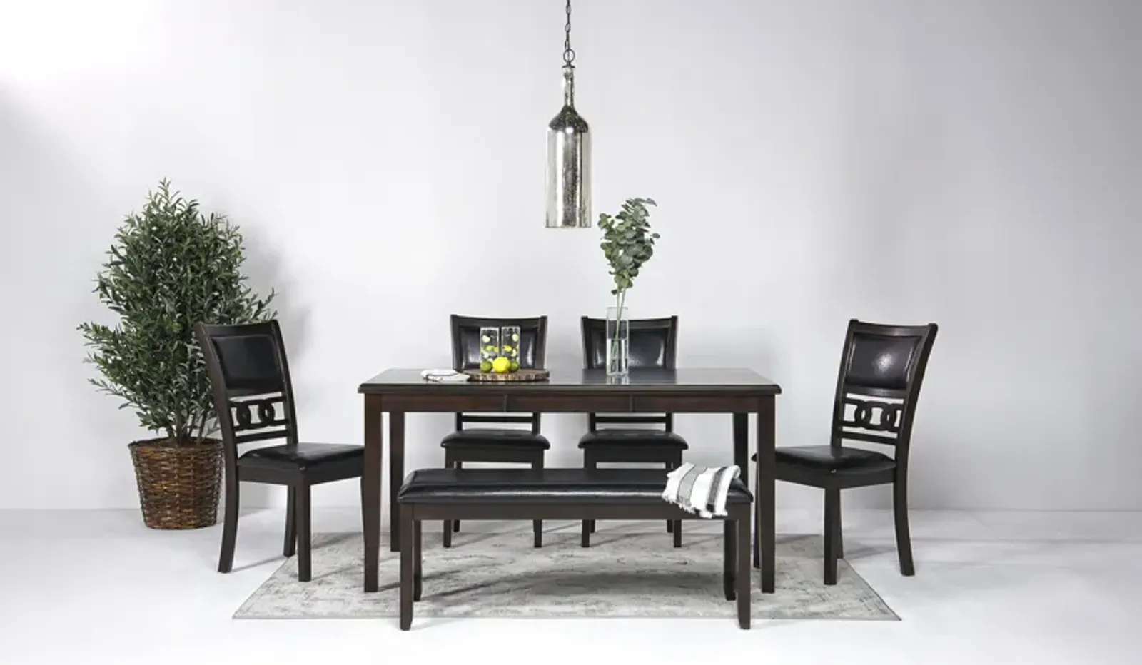 Gia Dining Table, 4 Chairs & Bench in Dark Brown