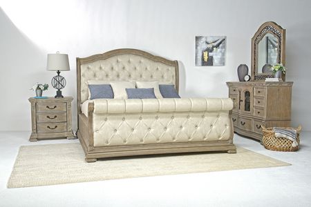 Durango Upholstered Sleigh Bed, Dresser & Mirror in Fawn, CA King