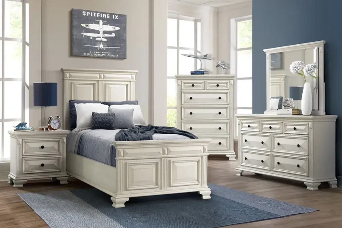 Calloway Panel Bed, Dresser & Mirror in White, Twin