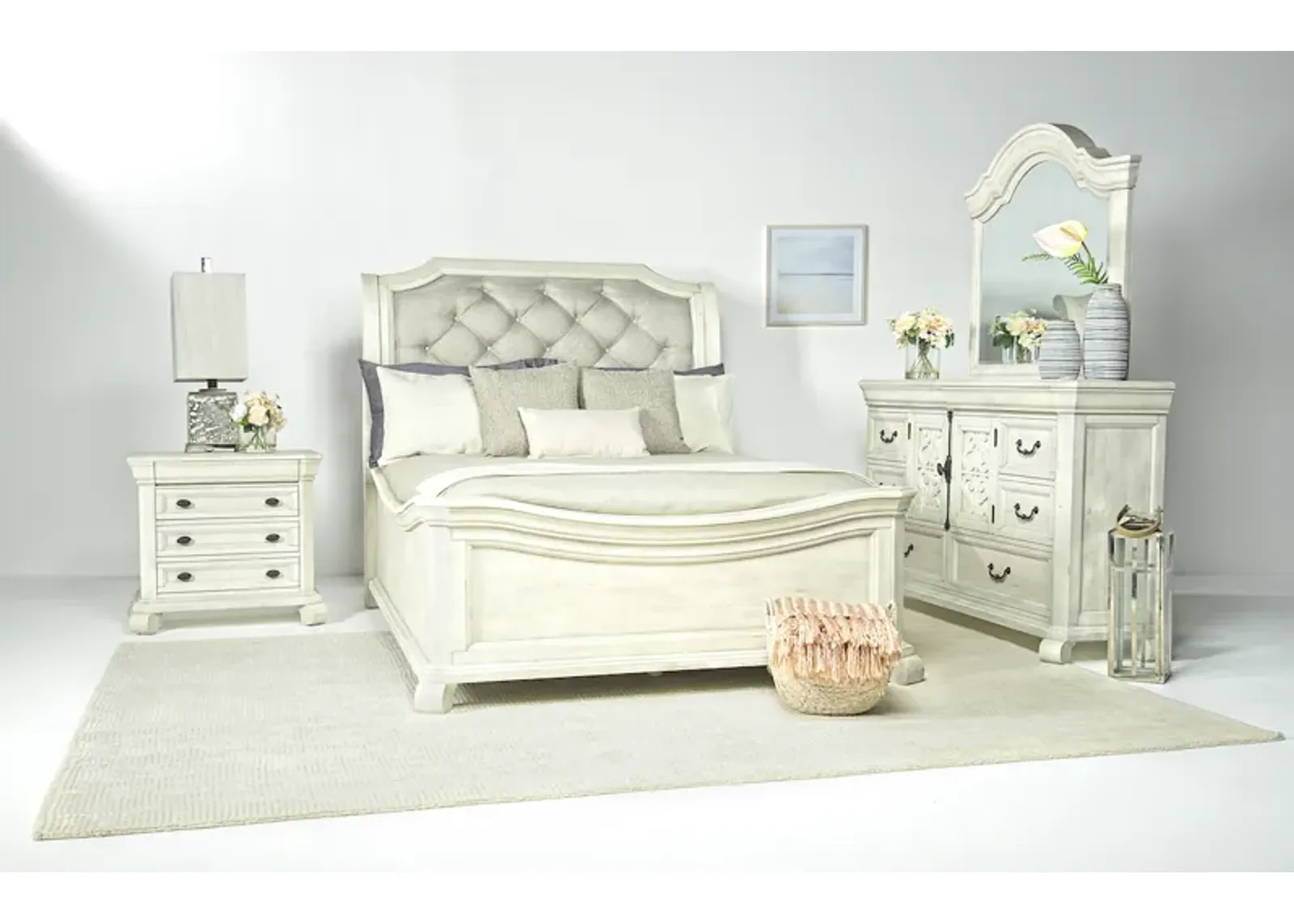 Bellamy Sleigh Bed, Dresser & Mirror in White, CA King