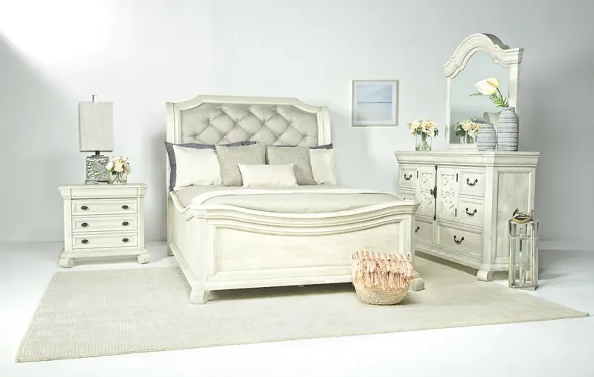 Bellamy Sleigh Bed, Dresser & Mirror in White, CA King