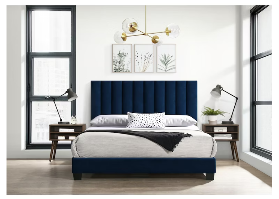 Coyote Upholstered Bed & 2 Nightstands in Blue, Queen