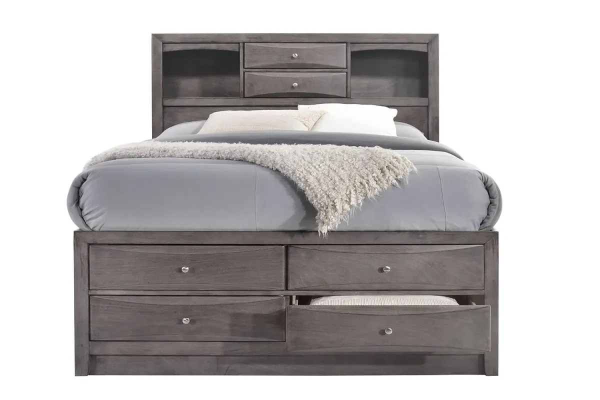 Remi Bookcase Bed w/ Storage, Dresser & Mirror in Gray, Queen