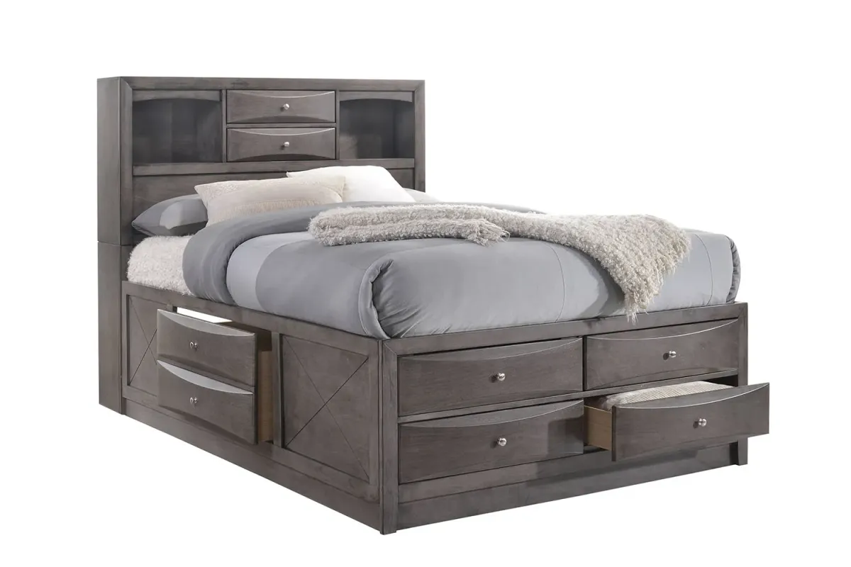 Remi Bookcase Bed w/ Storage, Dresser & Mirror in Gray, Queen