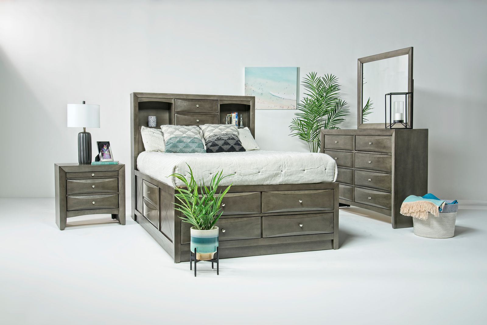 Remi Bookcase Bed w/ Storage, Dresser & Mirror in Gray, Queen