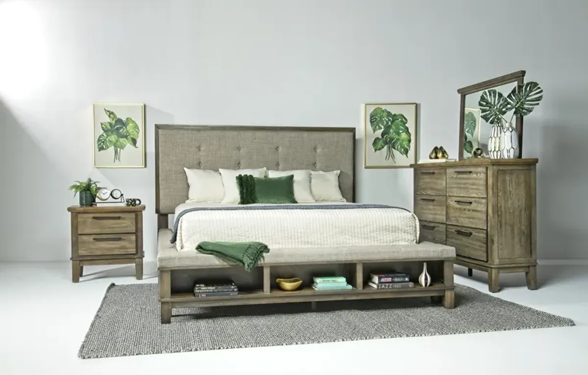 Cagney Upholstered Panel Bed w/ Storage, Dresser, Mirror & Nightstand in Gray, Queen